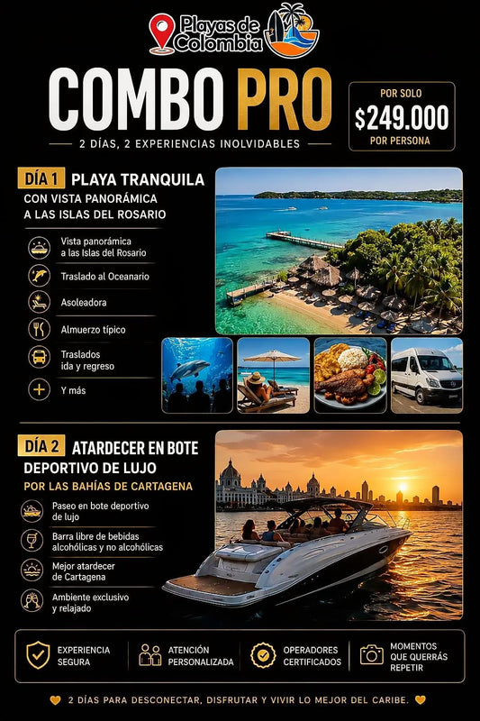 COMBO PRO CARTAGENA • Playa Tranquila VIP + Atardecer en Bote Deportivo de Lujo