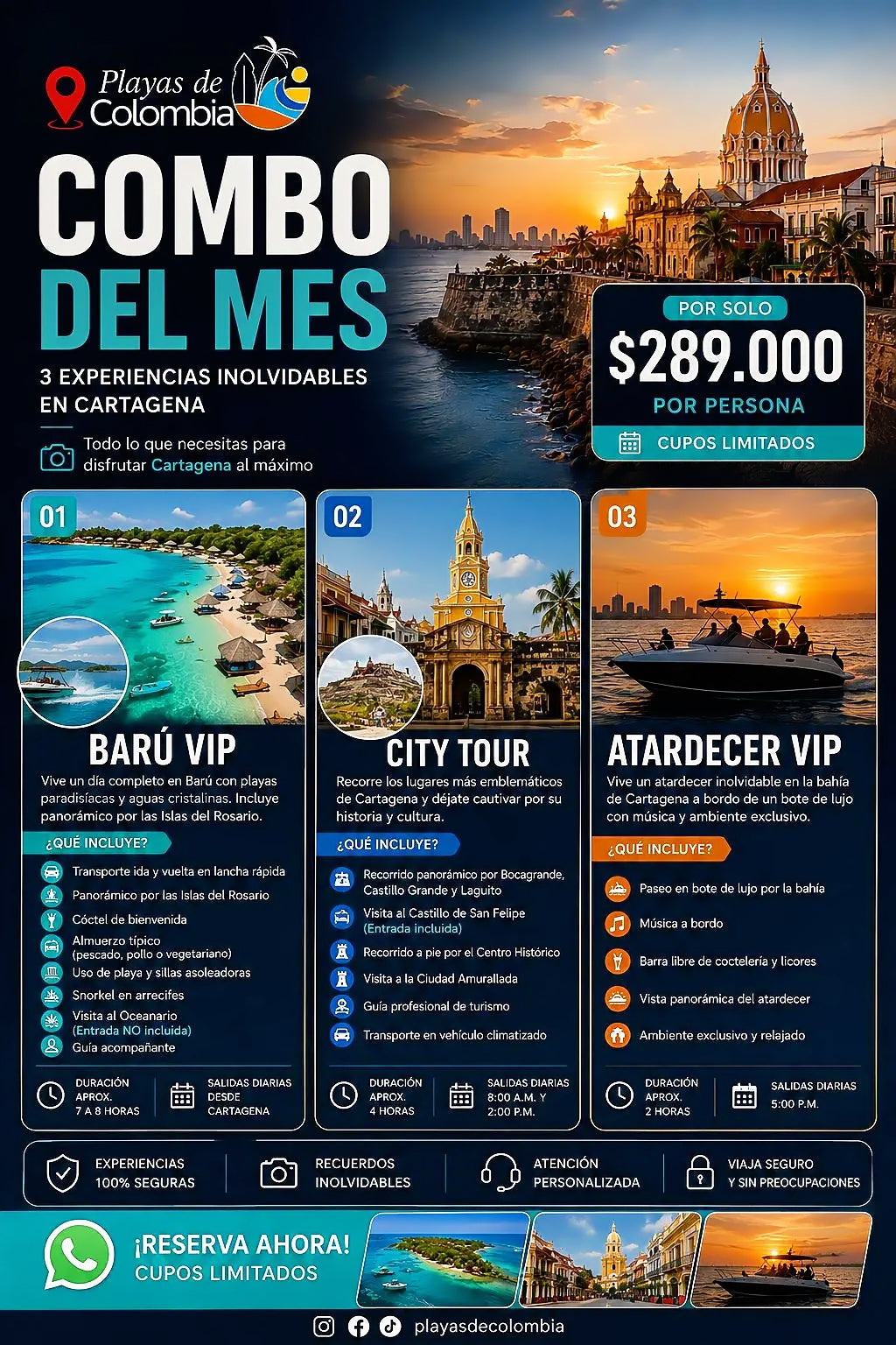 COMBO DEL MES • 3 TOURS EN CARTAGENA PARA 2 O 3 DÍAS 🇨🇴